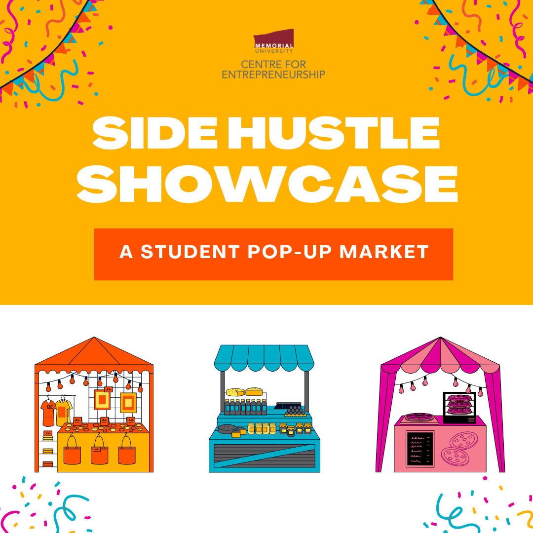 Colourful drawings of three types of market storefronts with text: Side Hustle Showcase: A Student pop-up market